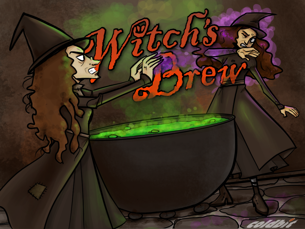 Witch's Brew banner art with witches around a glowing cauldron